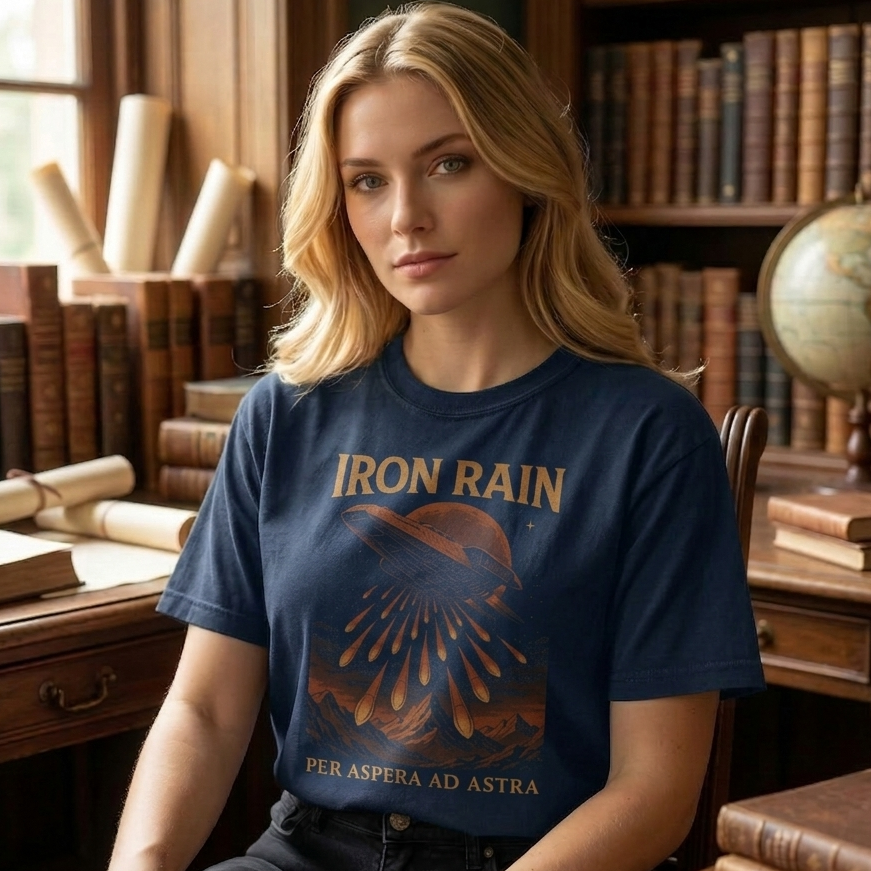 Woman wearing a blue t-shirt with 'Iron Rain' design in a library setting