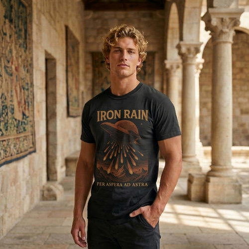 Man wearing an 'Iron Rain' t-shirt in a sunlit stone corridor.